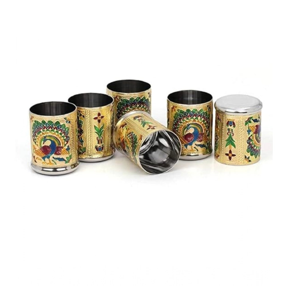 Amfyn Steel Meenakari Peacock Design Decorative Glass Set (Gold)