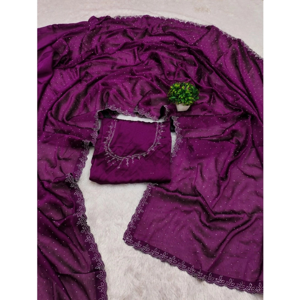 Amfyn Women's Georgette Satin Silk Saree With Unstitched Blouse 5.5Mtr (Wine)