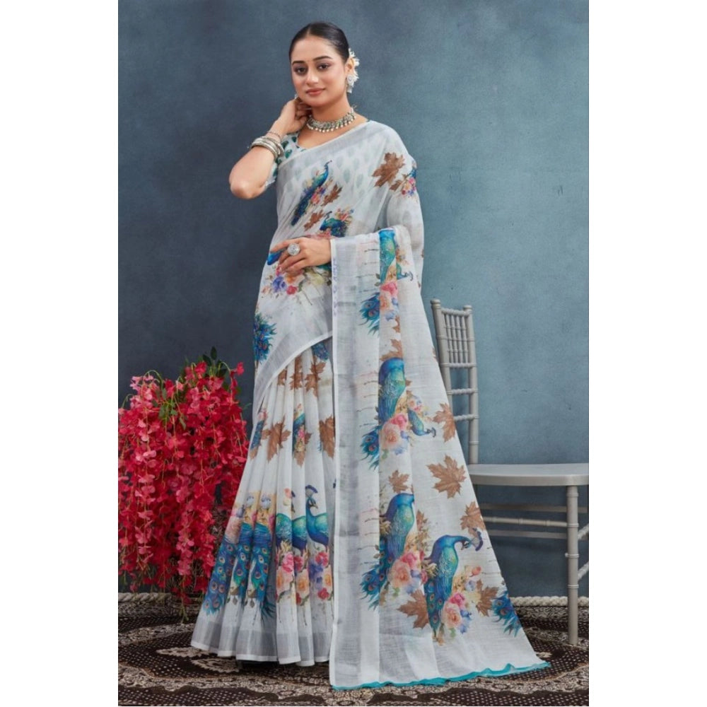 Amfyn Women's Linen Floral Printed Saree With Unstitched Blouse 5.5Mtr (Off-White)