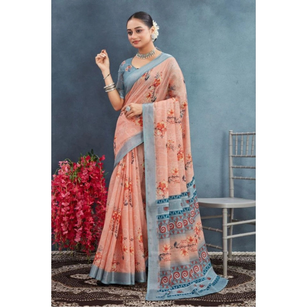 Amfyn Women's Linen Floral Printed Saree With Unstitched Blouse 5.5Mtr (Orange)