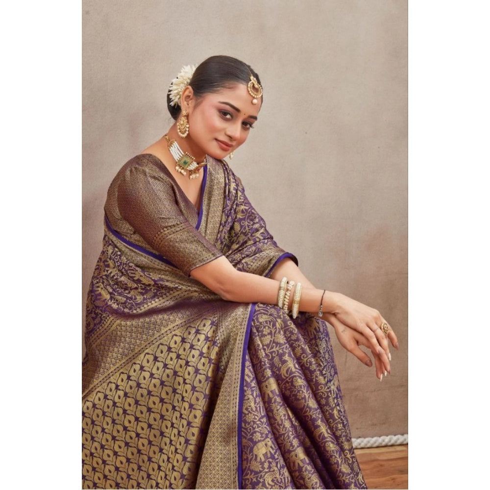 Amfyn Women's Silk Blend Floral Printed Saree With Unstitched Blouse 5.5Mtr (Navy Blue)