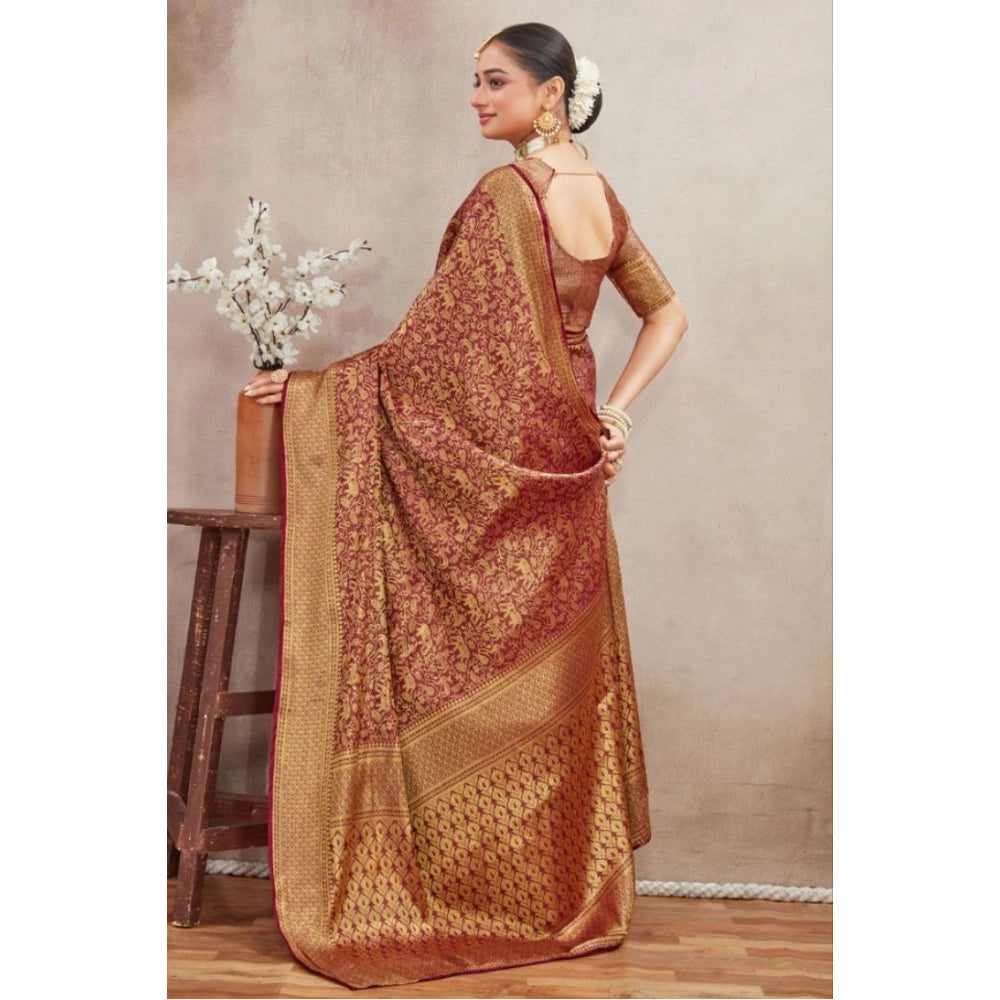 Amfyn Women's Silk Blend Floral Printed Saree With Unstitched Blouse 5.5Mtr (Brown)