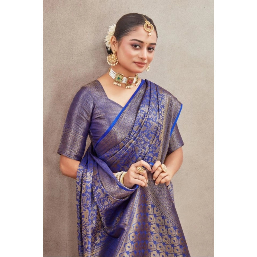 Amfyn Women's Silk Blend Floral Printed Saree With Unstitched Blouse 5.5Mtr (Royal Blue)