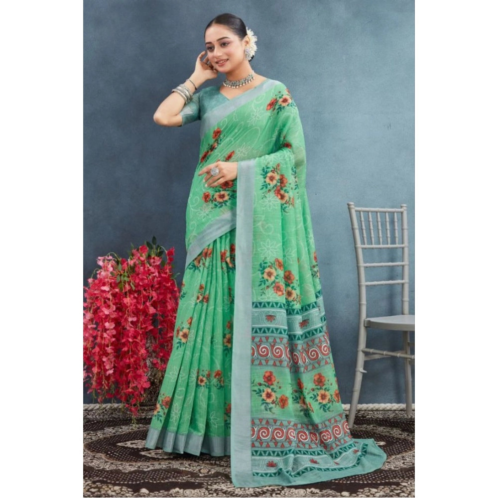 Amfyn Women's Linen Floral Printed Saree With Unstitched Blouse 5.5Mtr (Green)