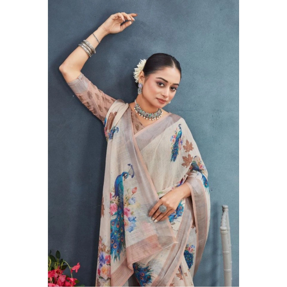 Amfyn Women's Linen Floral Printed Saree With Unstitched Blouse 5.5Mtr (Beige)