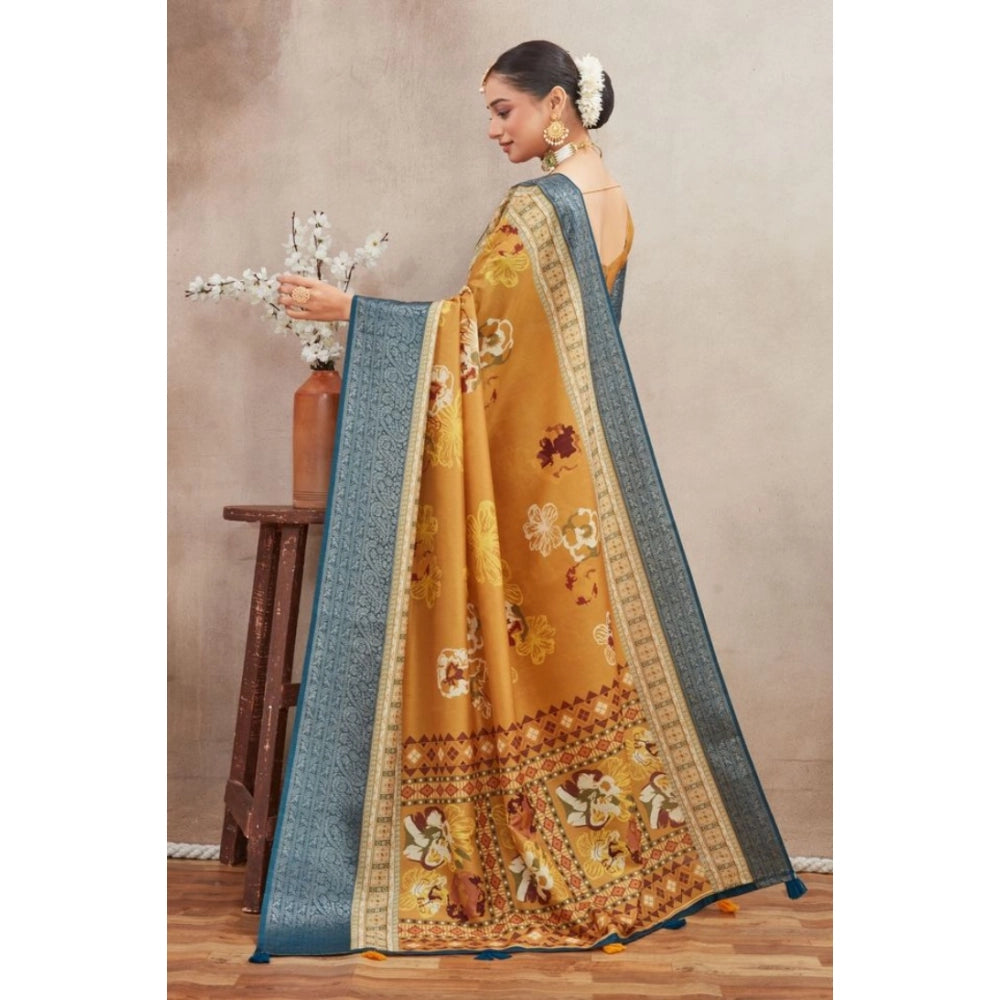 Amfyn Women's Crepe Silk Printed Saree With Unstitched Blouse 5.5Mtr (Mustard)