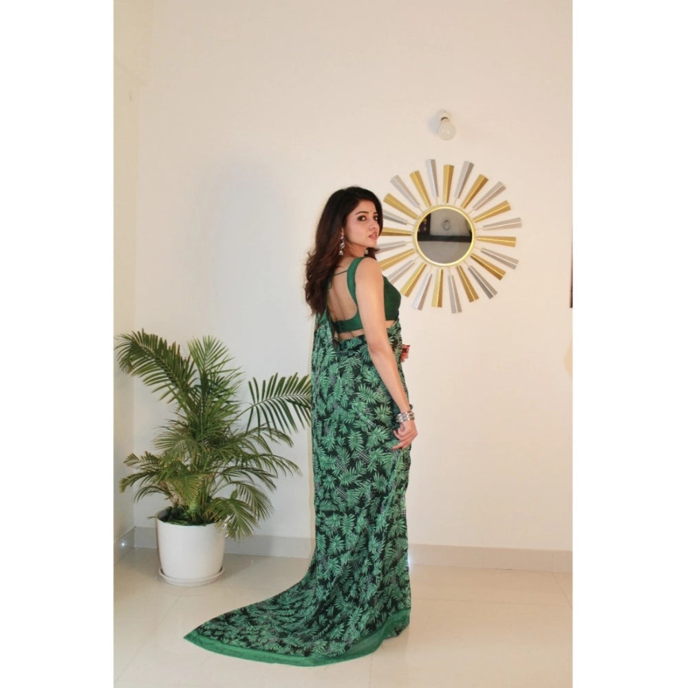 Amfyn Women's Georgette Printed Saree With Unstitched Blouse 5.5Mtr (Dark Green )