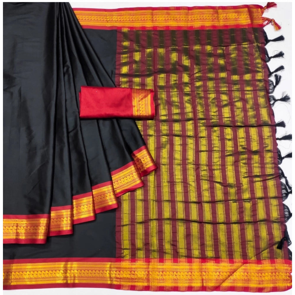 Amfyn Women's Cotton Silk Solid Saree With Unstitched Blouse 5.5Mtr (Black)