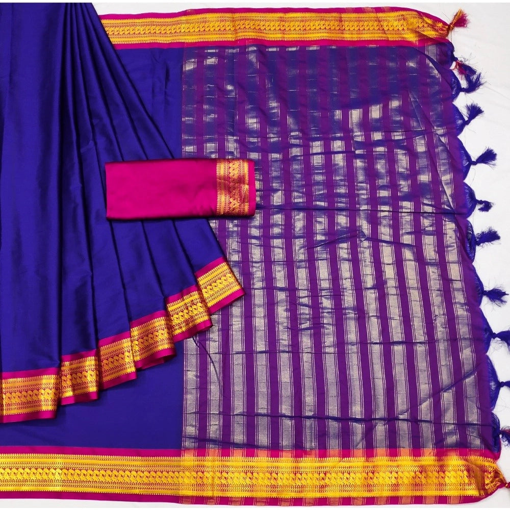 Amfyn Women's Cotton Silk Solid Saree With Unstitched Blouse 5.5Mtr (Blue)