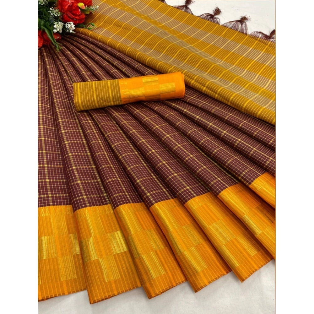 Amfyn Women's Cotton Silk Printed Saree With Unstitched Blouse 5.5Mtr (Gold-Maroon)