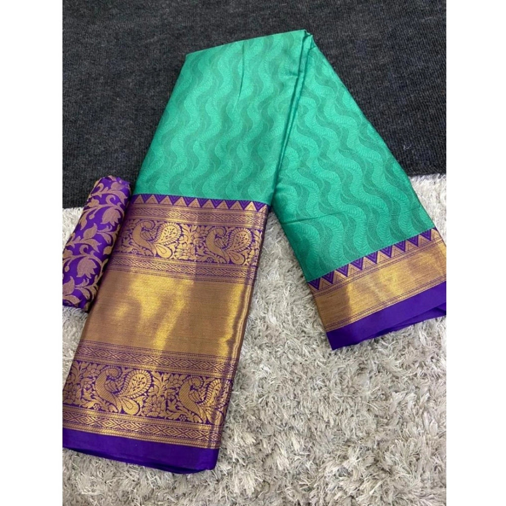 Amfyn Women's Cotton Silk Printed Saree With Unstitched Blouse 5.5Mtr (Blue)