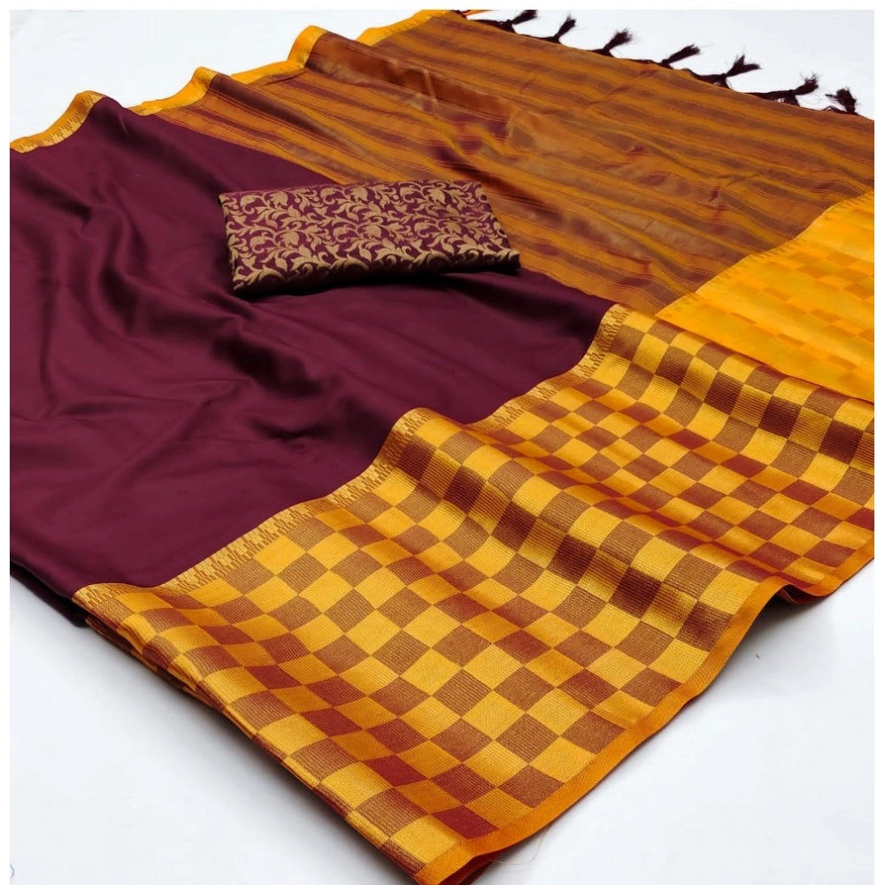 Amfyn Women's Cotton Silk Checkered Saree With Unstitched Blouse 5.5Mtr (Maroon)