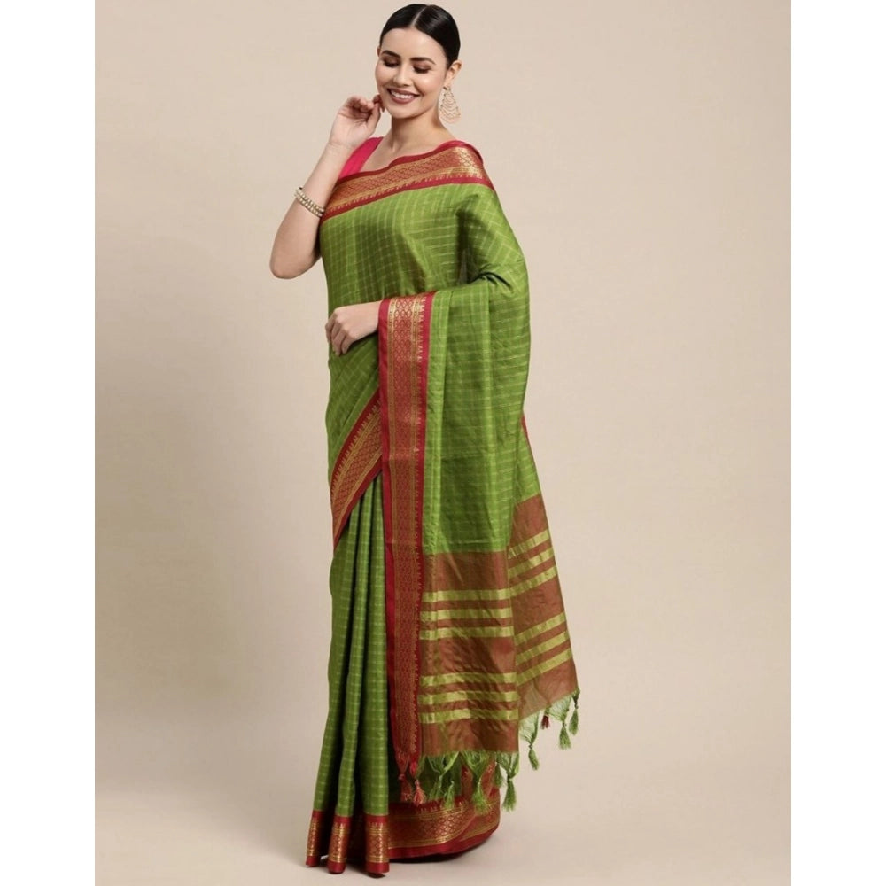 Amfyn Women's Cotton Silk Checkered Saree With Unstitched Blouse 5.5Mtr (Mehendi)