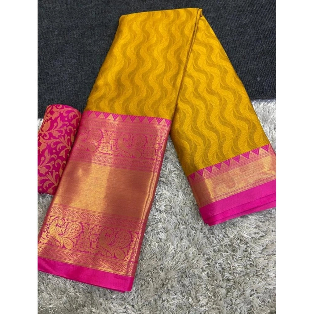 Amfyn Women's Cotton Silk Printed Saree With Unstitched Blouse 5.5Mtr (Mustard)