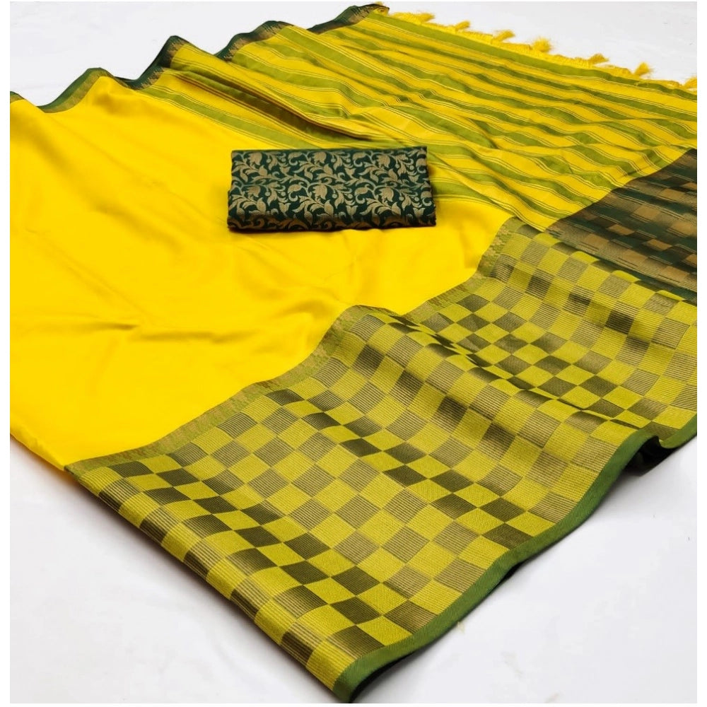 Amfyn Women's Cotton Silk Checkered Saree With Unstitched Blouse 5.5Mtr (Yellow)