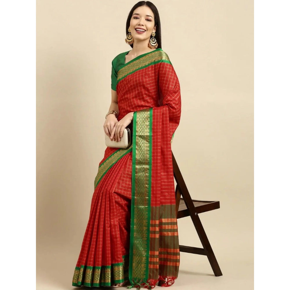 Amfyn Women's Cotton Silk Checkered Saree With Unstitched Blouse 5.5Mtr (Red)