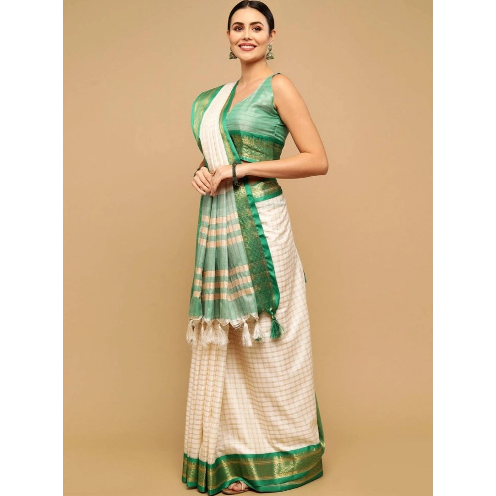 Amfyn Women's Cotton Silk Checkered Saree With Unstitched Blouse 5.5Mtr (Green)