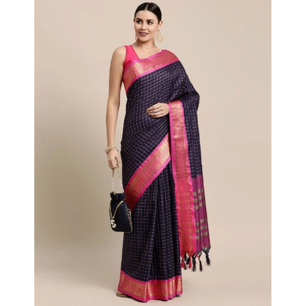 Amfyn Women's Cotton Silk Checkered Saree With Unstitched Blouse 5.5Mtr (Navy Blue)