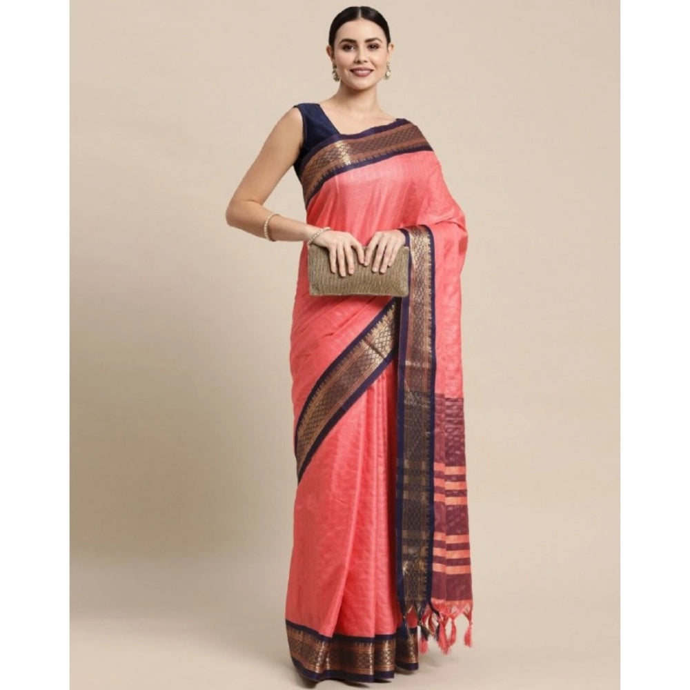 Amfyn Women's Cotton Silk Checkered Saree With Unstitched Blouse 5.5Mtr (Pink)