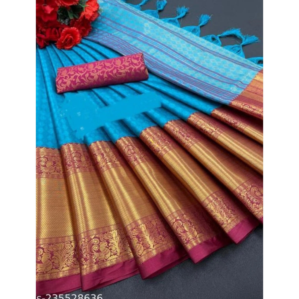 Amfyn Women's Cotton Silk Woven Design Saree With Unstitched Blouse 5.5Mtr (Blue)