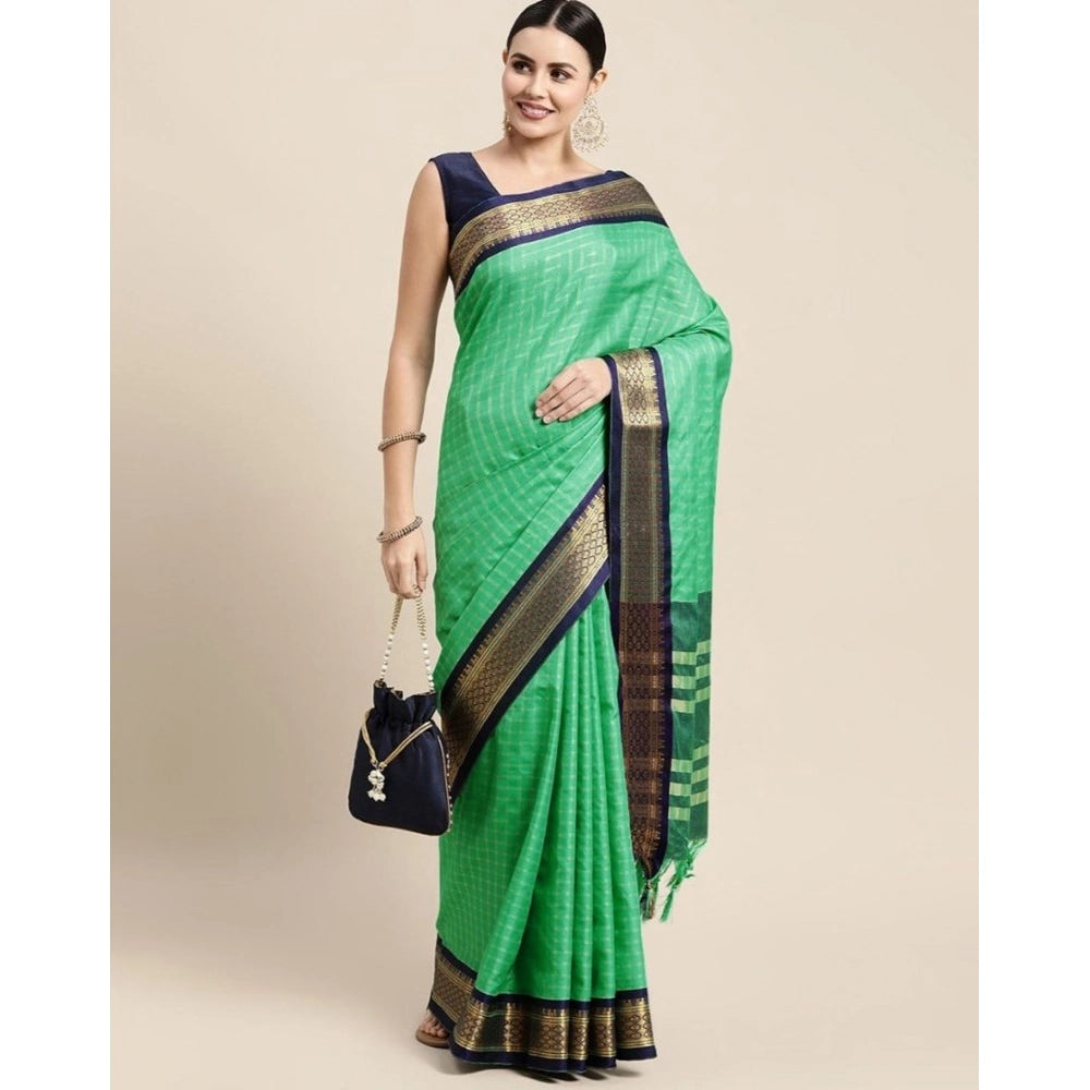 Amfyn Women's Cotton Silk Checkered Saree With Unstitched Blouse 5.5Mtr (Green)