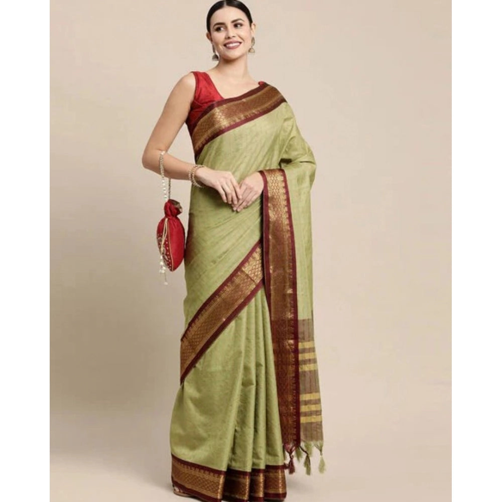 Amfyn Women's Cotton Silk Checkered Saree With Unstitched Blouse 5.5Mtr (olive)
