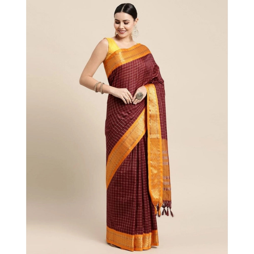 Amfyn Women's Cotton Silk Checkered Saree With Unstitched Blouse 5.5Mtr (Coffee)