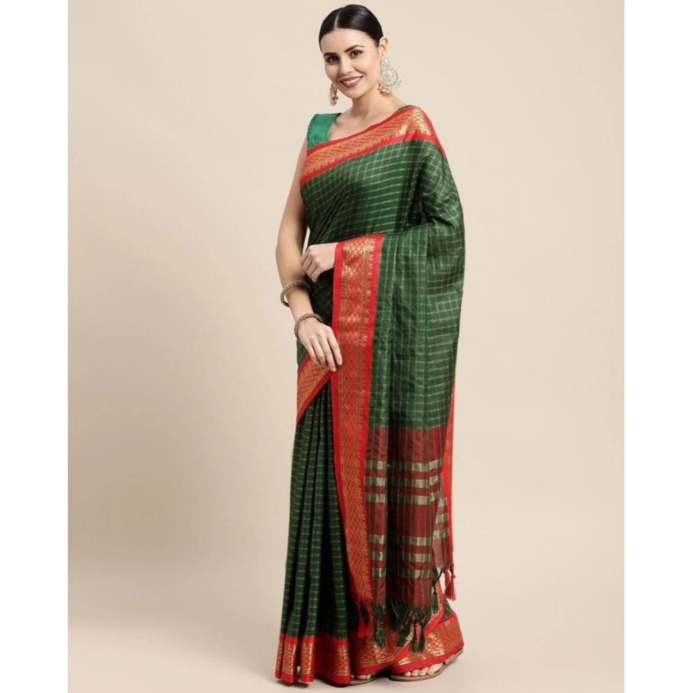 Amfyn Women's Cotton Silk Checkered Saree With Unstitched Blouse 5.5Mtr (B Green)