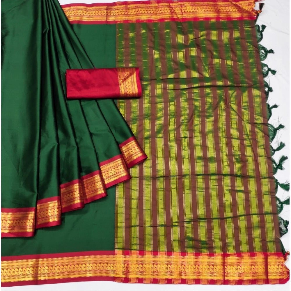 Amfyn Women's Cotton Silk Solid Saree With Unstitched Blouse 5.5Mtr (Dark Green)