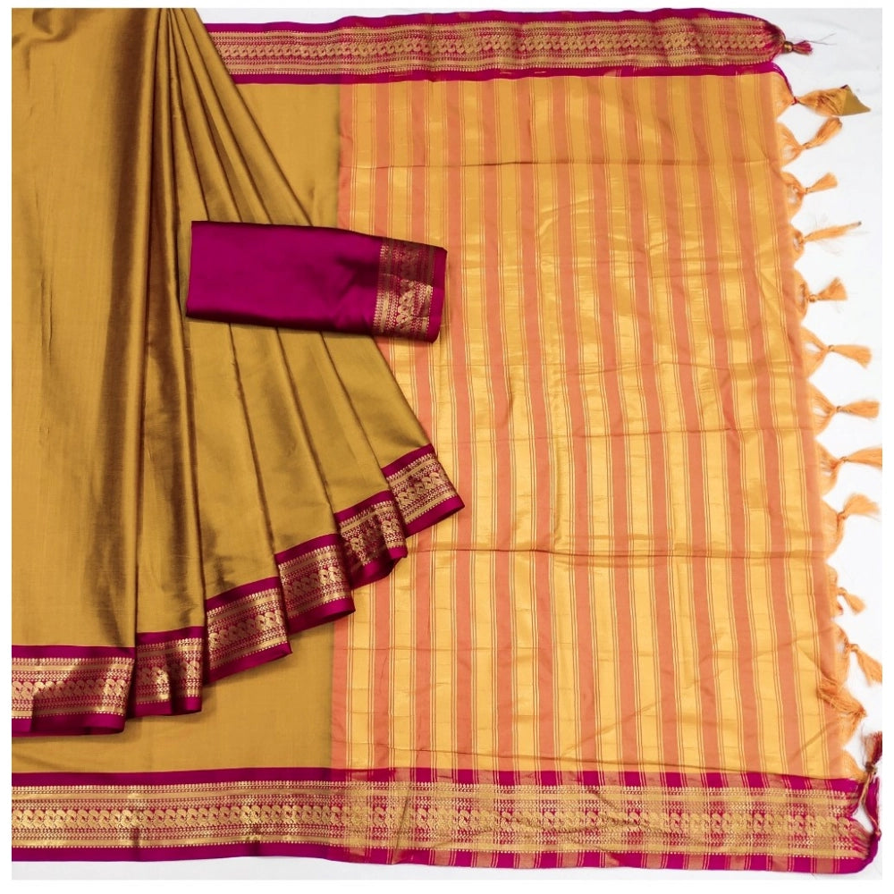 Amfyn Women's Cotton Silk Solid Saree With Unstitched Blouse 5.5Mtr (Yellow)