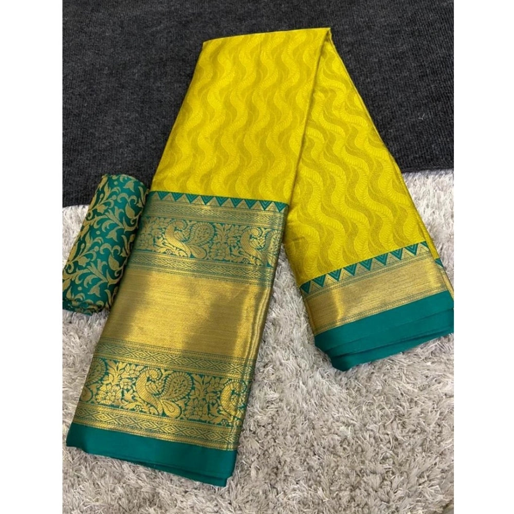 Amfyn Women's Cotton Silk Printed Saree With Unstitched Blouse 5.5Mtr (Green-Yellow)