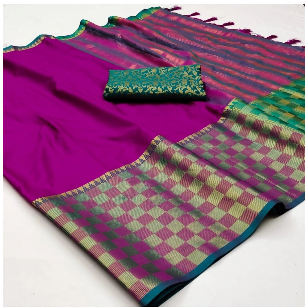 Amfyn Women's Cotton Silk Checkered Saree With Unstitched Blouse 5.5Mtr (Purple)