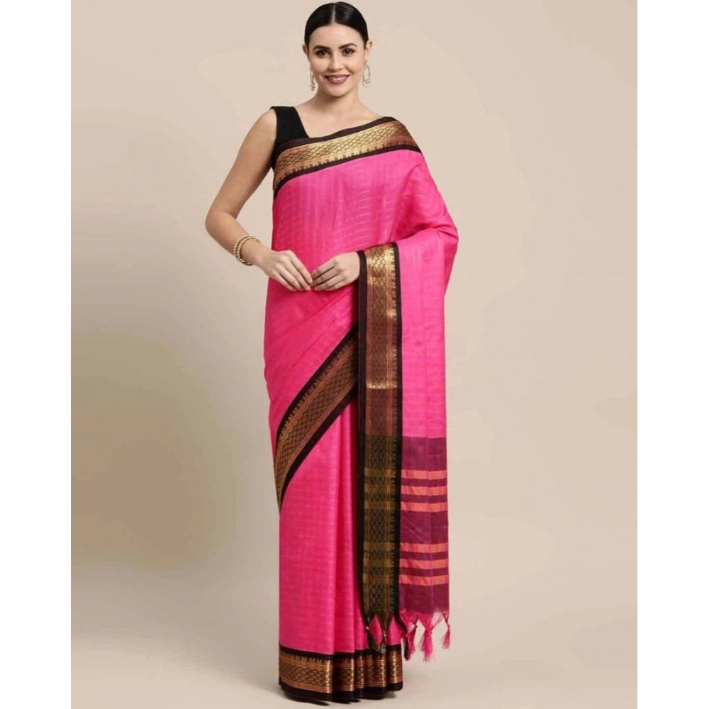 Amfyn Women's Cotton Silk Checkered Saree With Unstitched Blouse 5.5Mtr (Rani Black)