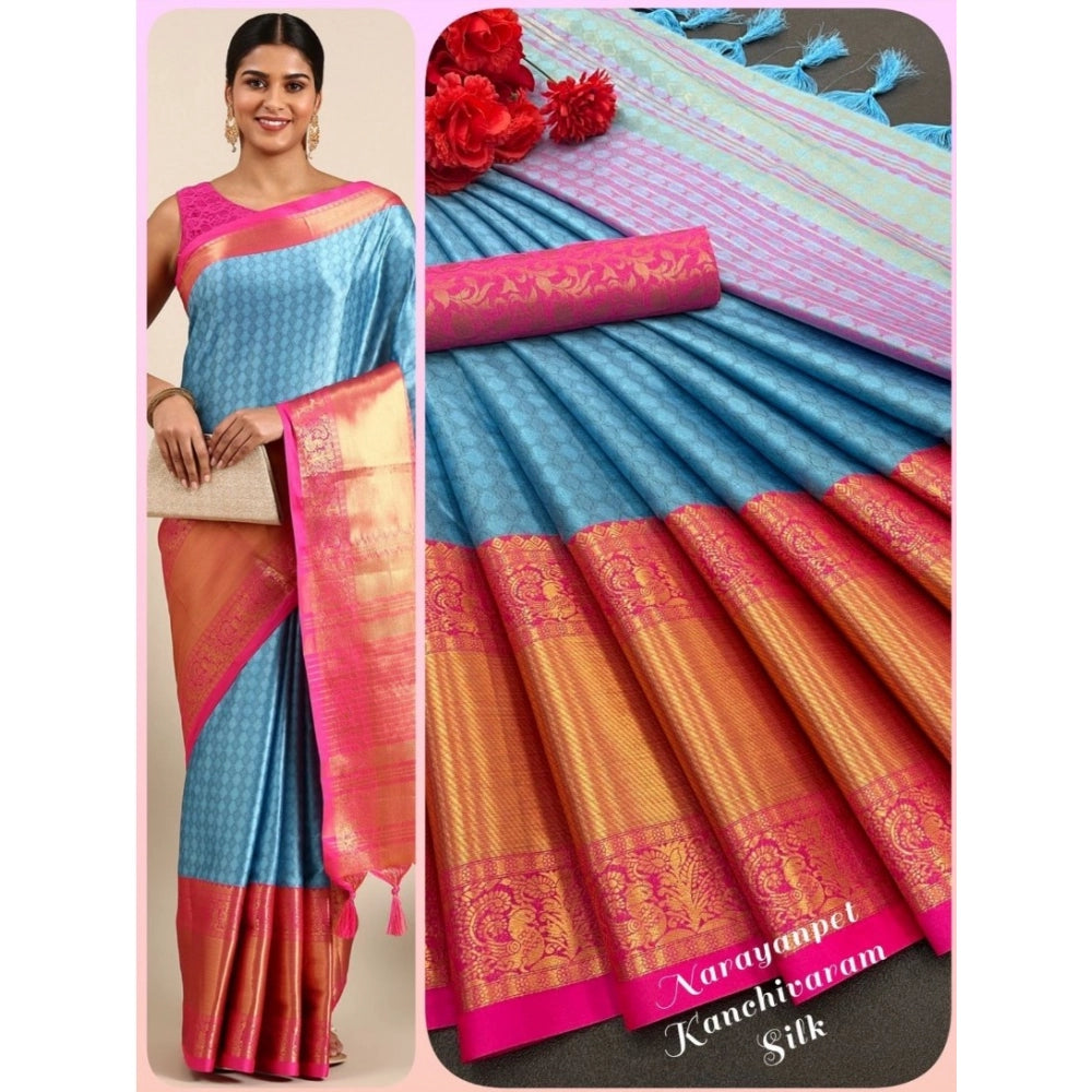Amfyn Women's Cotton Silk Woven Design Saree With Unstitched Blouse 5.5Mtr (Light Blue)