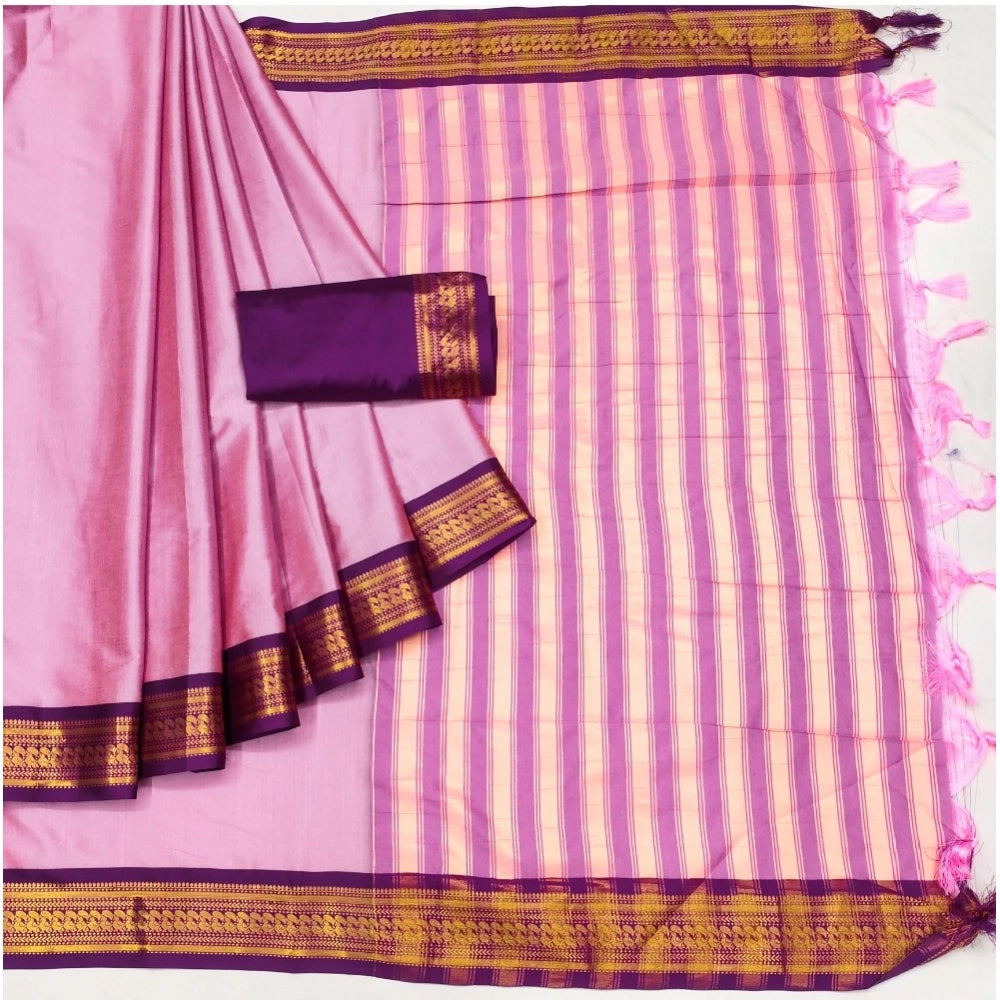 Amfyn Women's Cotton Silk Solid Saree With Unstitched Blouse 5.5Mtr (Pink)