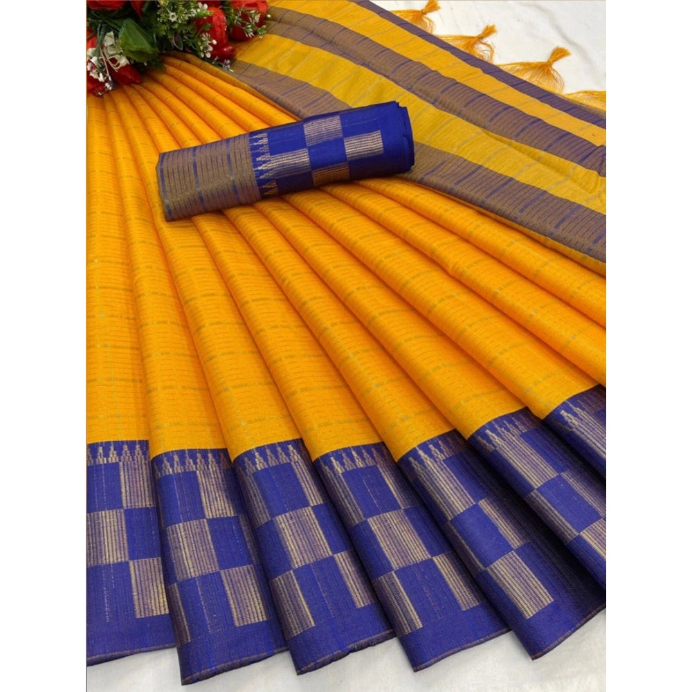 Amfyn Women's Cotton Silk Printed Saree With Unstitched Blouse 5.5Mtr (Gold-Blue)