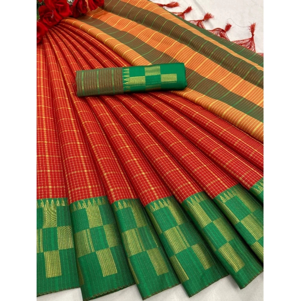 Amfyn Women's Cotton Silk Printed Saree With Unstitched Blouse 5.5Mtr (Red)