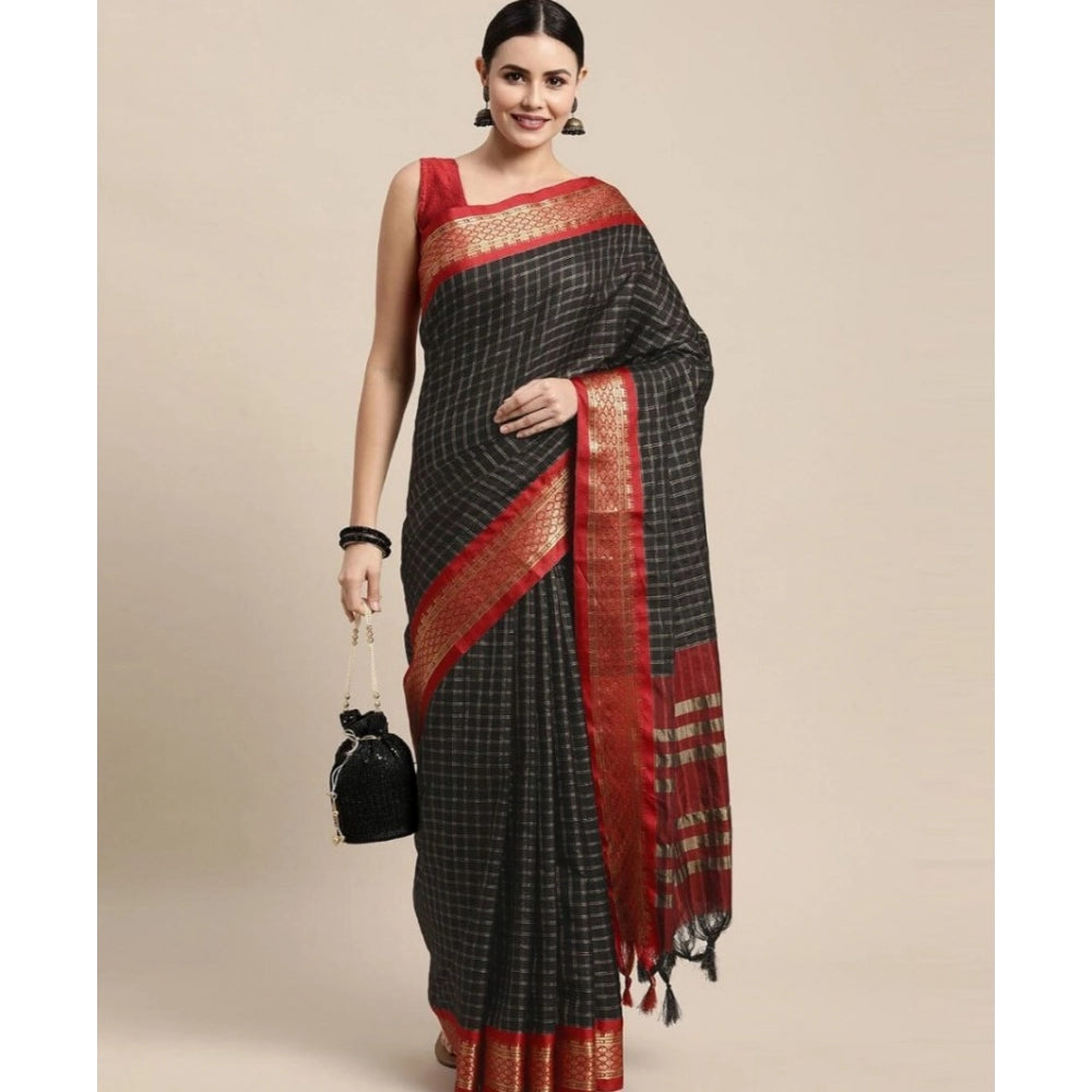 Amfyn Women's Cotton Silk Checkered Saree With Unstitched Blouse 5.5Mtr (Black)