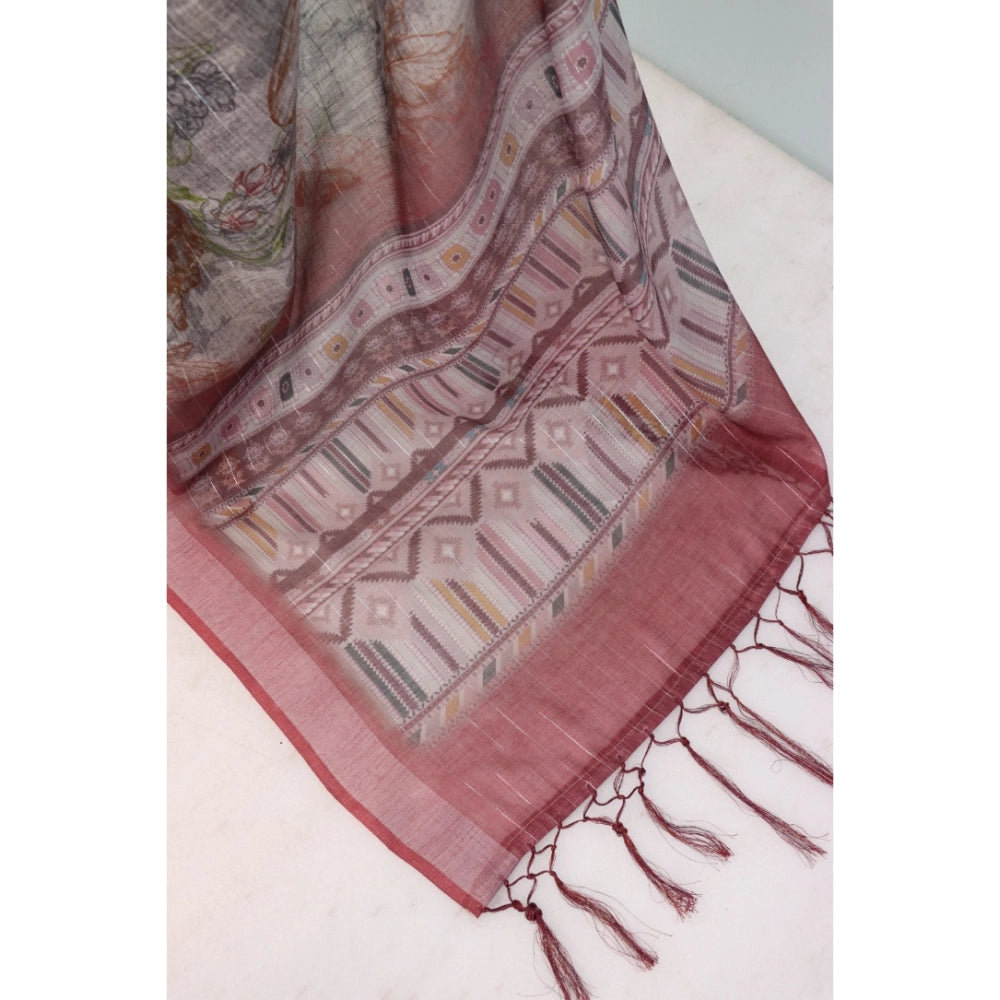 Amfyn Women's Linen Digital Print Saree With Unstitched Blouse 5.5Mtr (Multicolor)