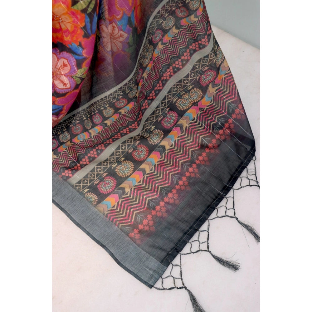 Amfyn Women's Linen Digital Print Saree With Unstitched Blouse 5.5Mtr (Grey)