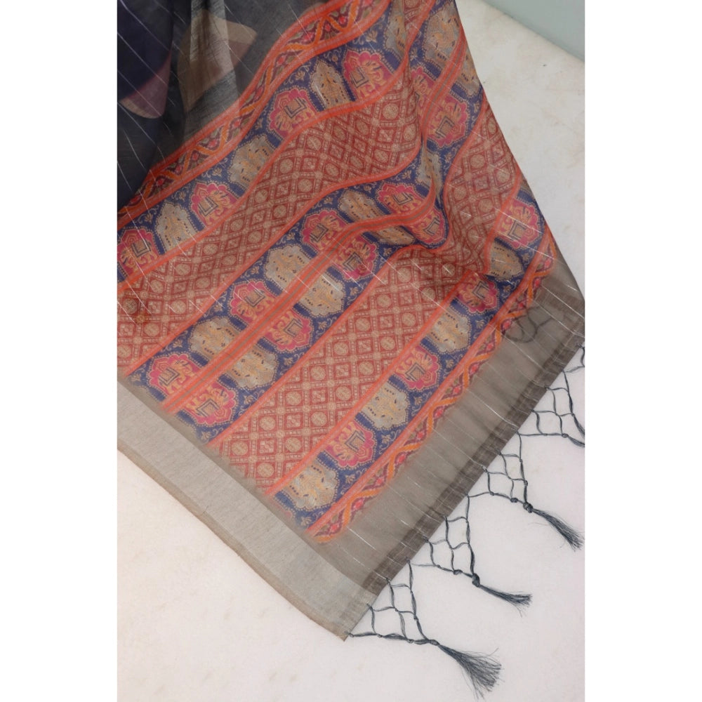 Amfyn Women's Linen Digital Print Saree With Unstitched Blouse 5.5Mtr (Blue)