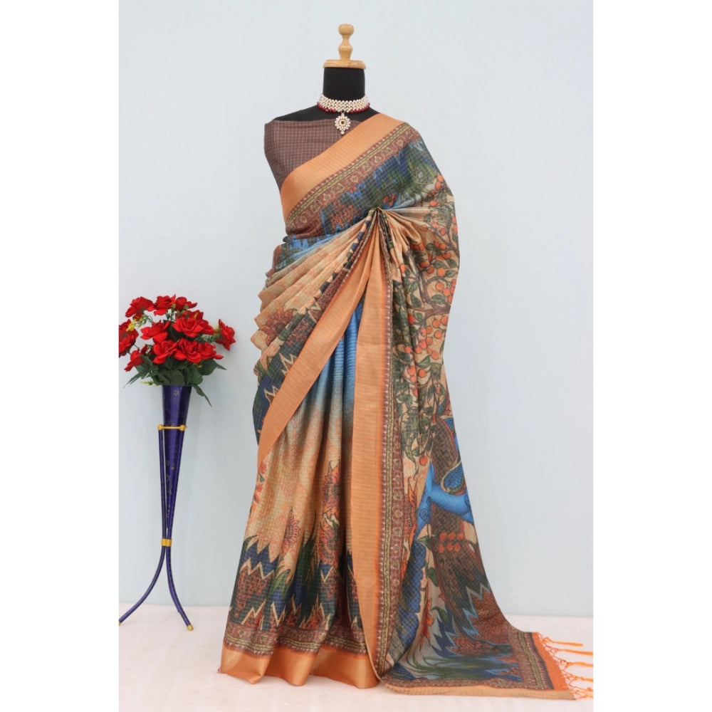 Amfyn Women's Mysore Silk Digital Print Saree With Unstitched Blouse 5.5Mtr (Multicolor)