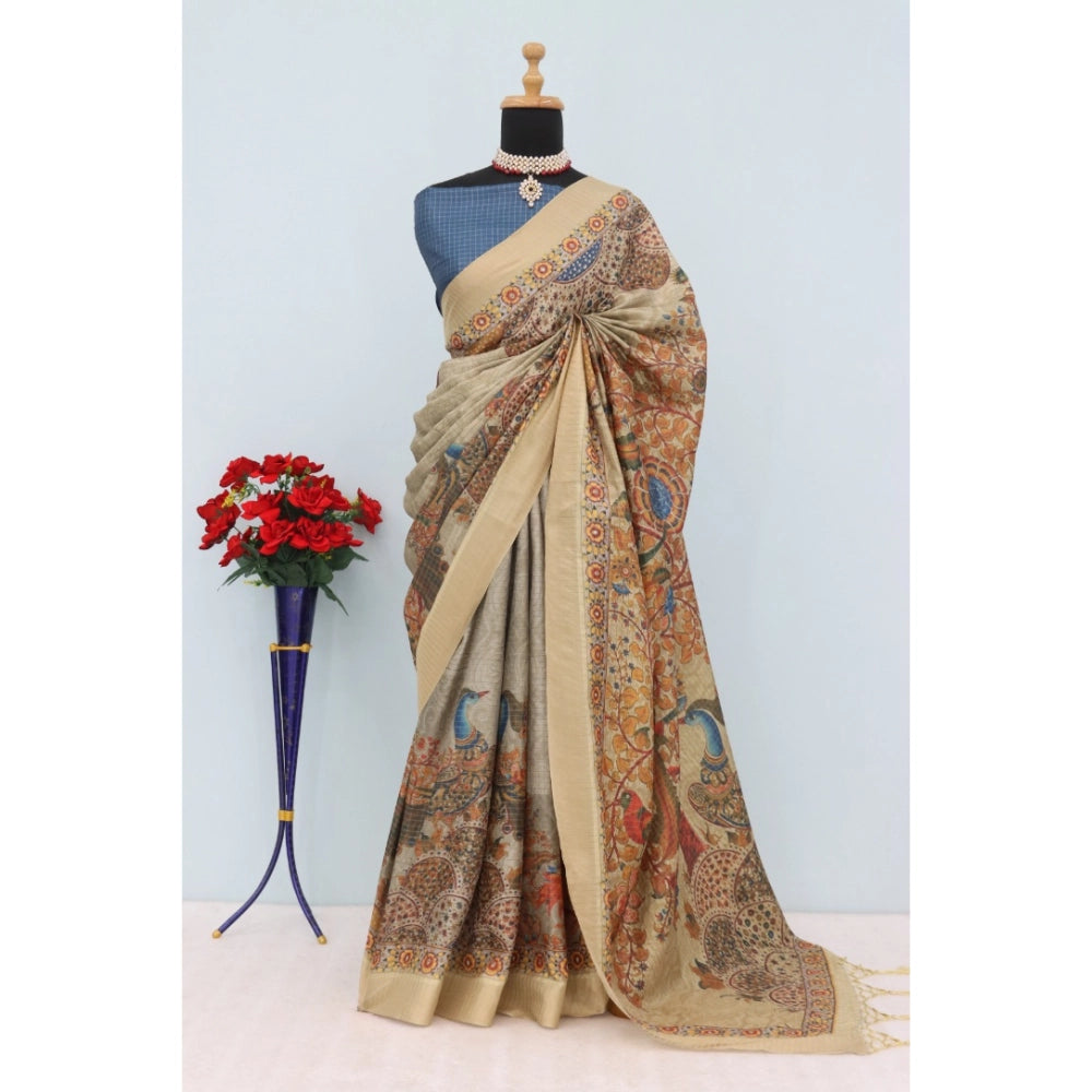Amfyn Women's Mysore Silk Digital Print Saree With Unstitched Blouse 5.5Mtr (Beige)