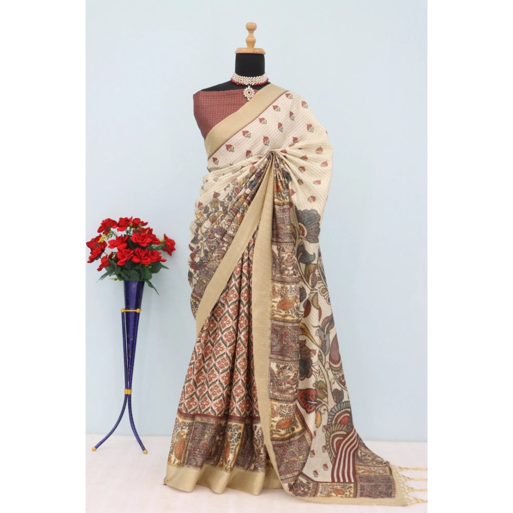 Amfyn Women's Mysore Silk Digital Print Saree With Unstitched Blouse 5.5Mtr (Beige)