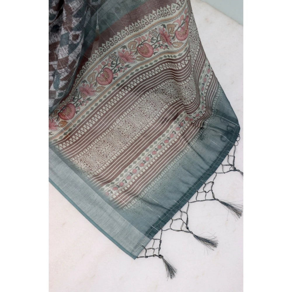 Amfyn Women's Linen Digital Print Saree With Unstitched Blouse 5.5Mtr (Grey)