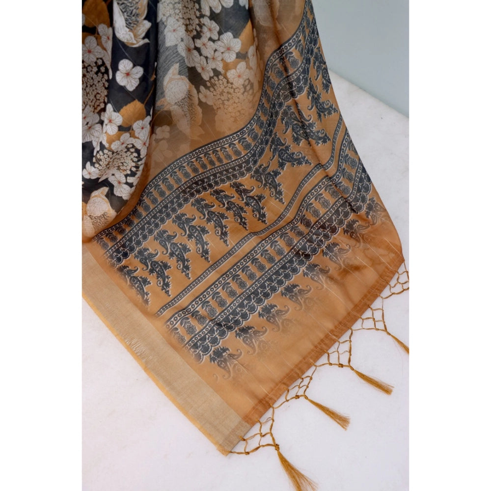 Amfyn Women's Linen Digital Print Saree With Unstitched Blouse 5.5Mtr (Black)