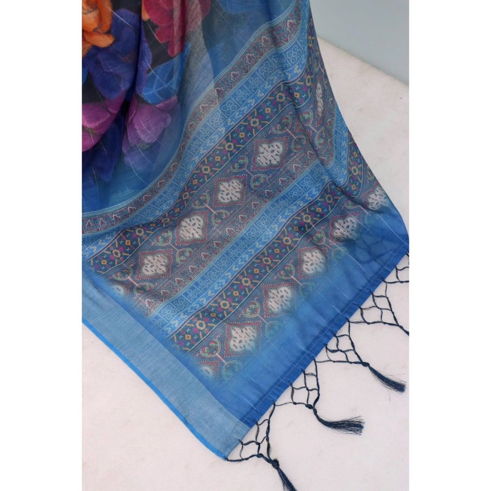 Amfyn Women's Linen Digital Print Saree With Unstitched Blouse 5.5Mtr (Blue)