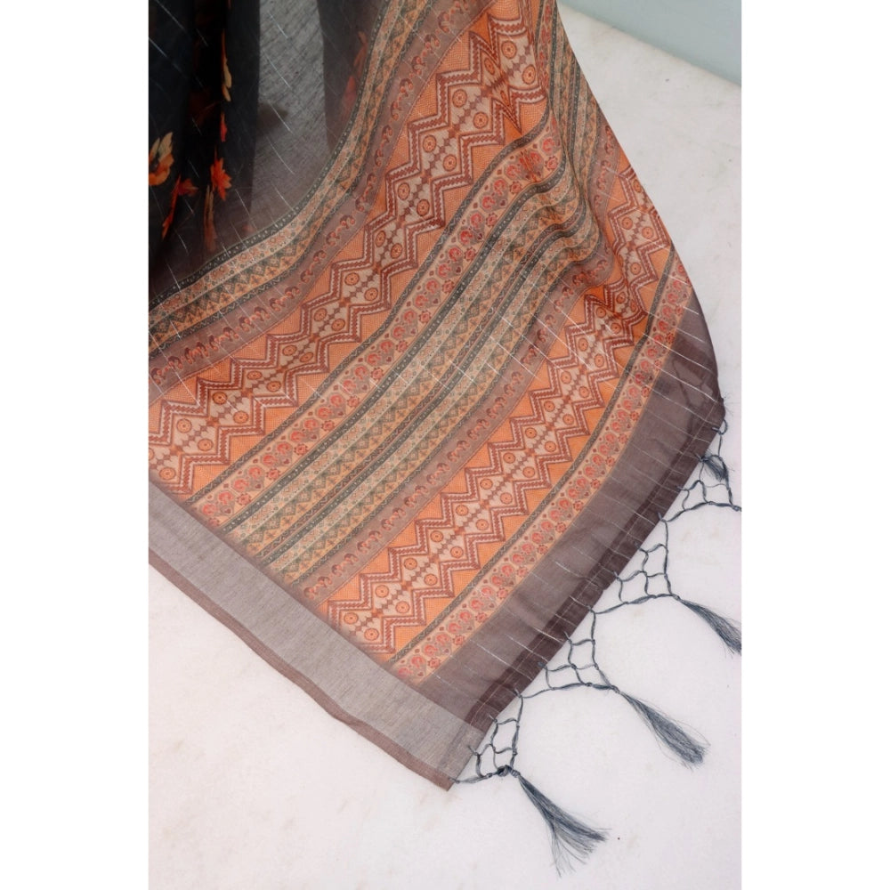 Amfyn Women's Linen Digital Print Saree With Unstitched Blouse 5.5Mtr (Black)