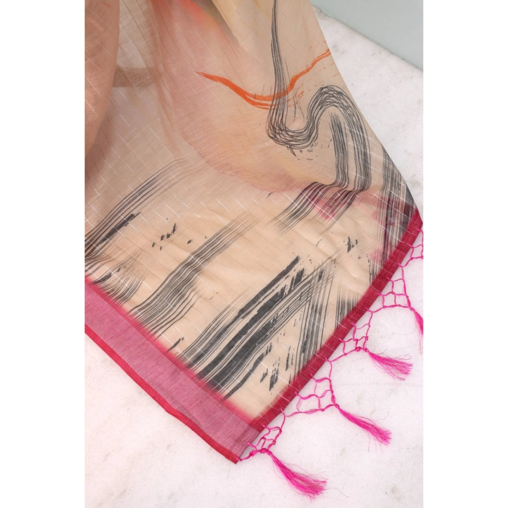 Amfyn Women's Linen Digital Print Saree With Unstitched Blouse 5.5Mtr (Multicolor)