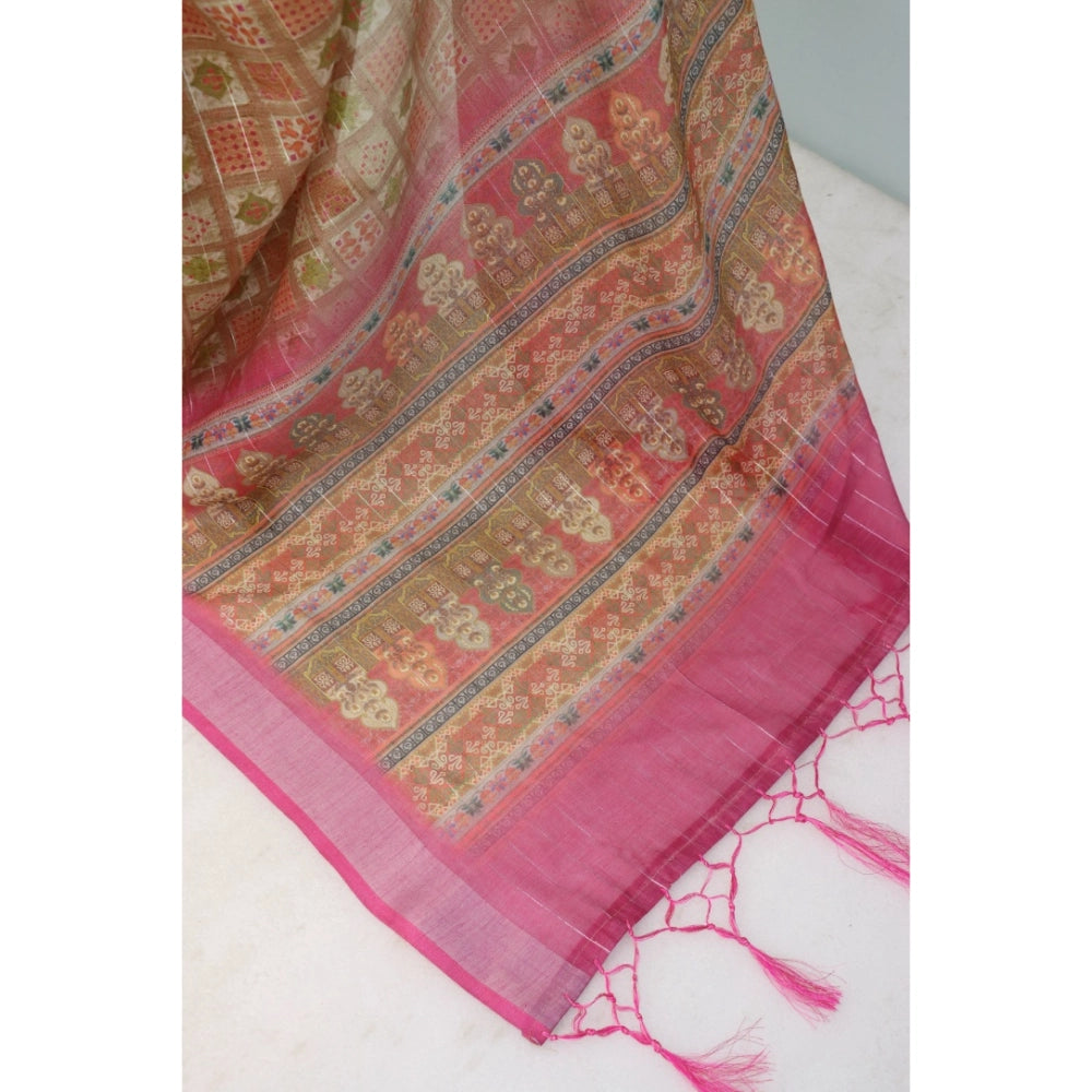 Amfyn Women's Linen Digital Print Saree With Unstitched Blouse 5.5Mtr (Pink)